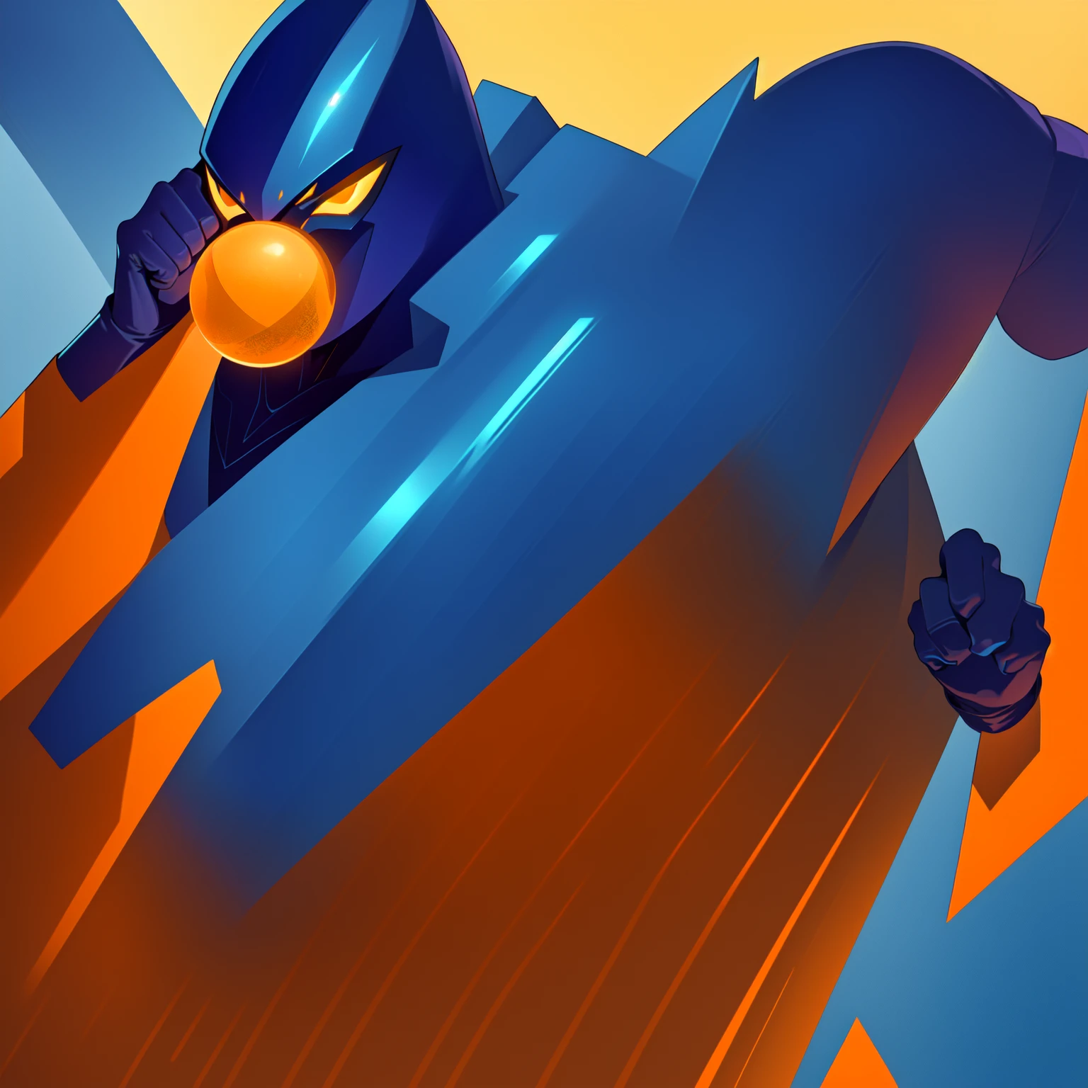 a close up of a person holding a yellow and blue object, 90s comic book character design, full color illustration, colored sketch, cyclops, by Allen Jones, by Juan Villafuerte, inspired by Allen Jones, coloured in blueberra and orange, by Justin Sweet, by Greg Staples, by Ivan Trush, inspired by John Romita Jr. masterpiece, best quality, (extremely detailed CG unity 8k wallpaper), (best quality), (best illustration), (best shadow), superhero, muscular man, he is wearing a shinny metallic dark blue seal skin suit, shinny orange gloves, 'V' shape on chest is orange color, he is wearing a mask with oblong large orange shinny metallic goggles, realistic lighting, (Abyss), beautiful detailed glow, strong hands, right hand is closed into a fist. left hand holds up a bullfrog. gold floating oblong orb hovers near him. NO background, no backdrop, Pure white background.