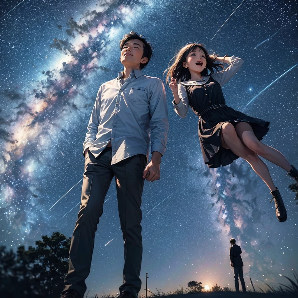 
Mom and Dad looking up at the night sky。Countless stars shine in the night sky、Among them, a shooting star falls towards the earth.。Among the shooting stars、A little star  is smiling。Mom and Dad look up at the sight with expressions of joy and amazement.。