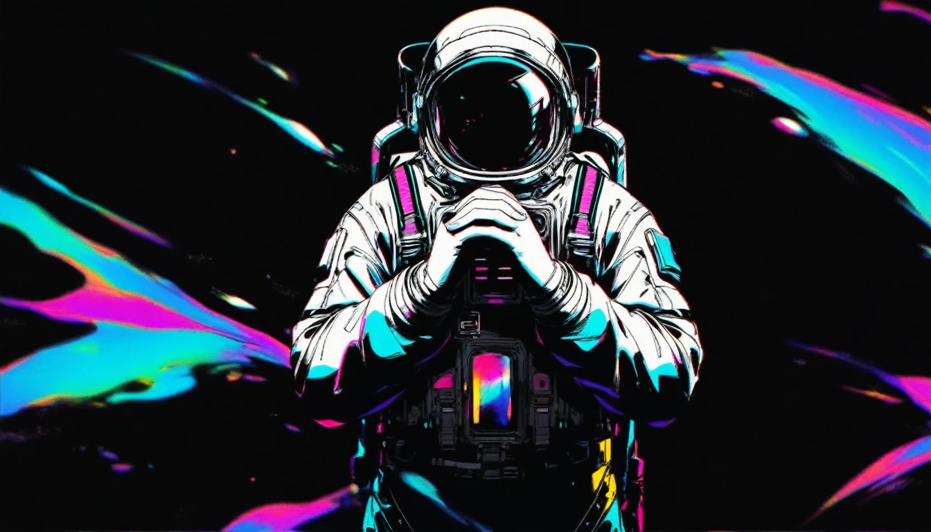 an astronaut, black background, front view, prayer with both hands, black and white image, neon color