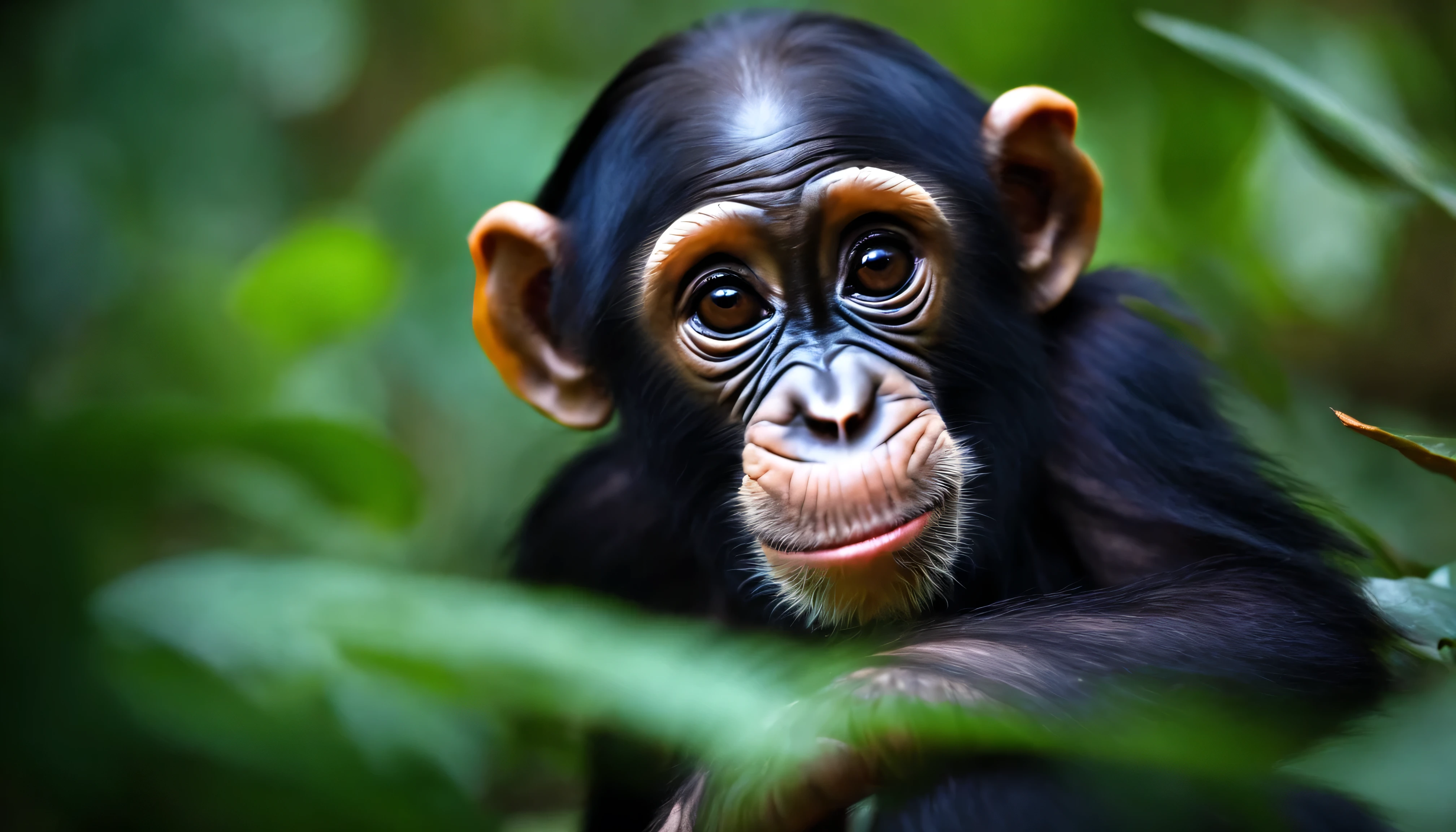 A close up adorable and cute chimpanzee baby in a thick jungle