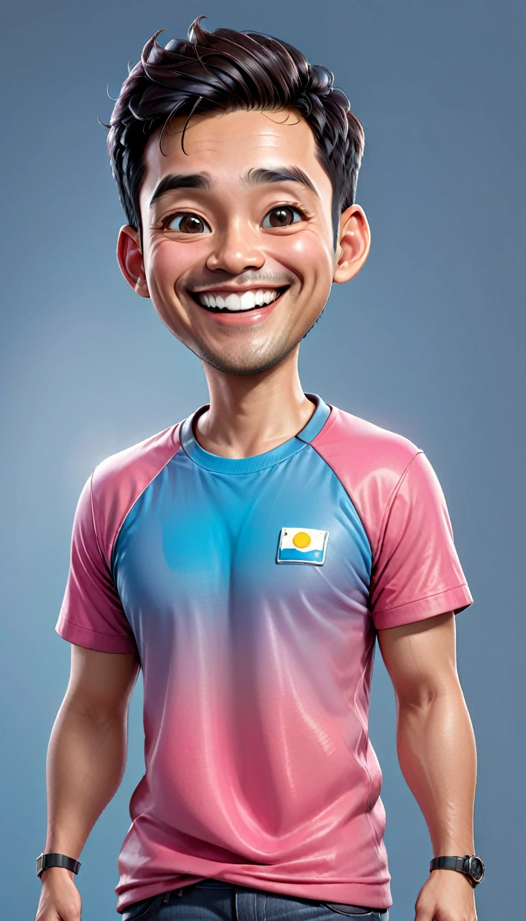 Create a realistic character 4D cartoon style full body with a big head, a 35 year old Indonesian man with a smile, a happy expression, his mouth slightly open, he has short hair, with silver on the top. He wore a pink t-shirt over a blue shirt. The illustration should emphasize his happy smile, and friendly attitude.