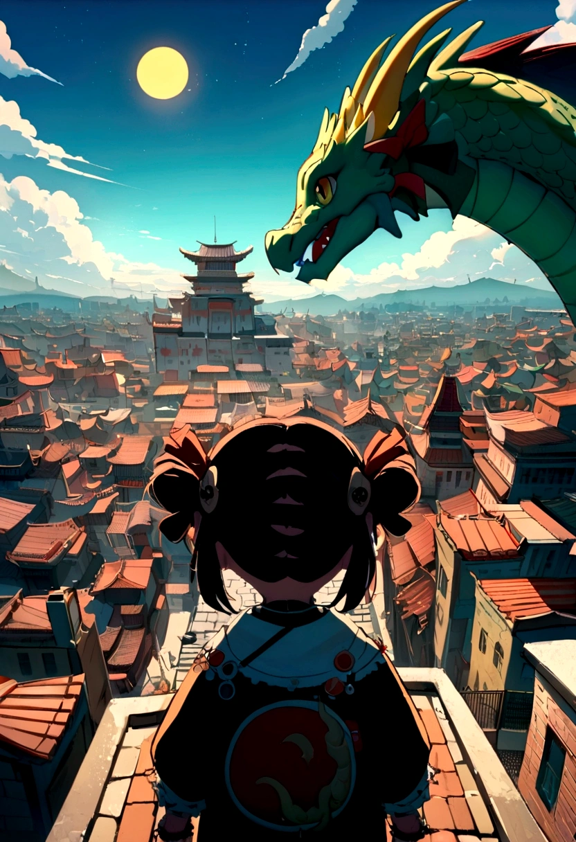 Chinese Dragon on City,1, detailed sky, Chinese punk, explanatory narrative,sun master, , dragon looking at little girl