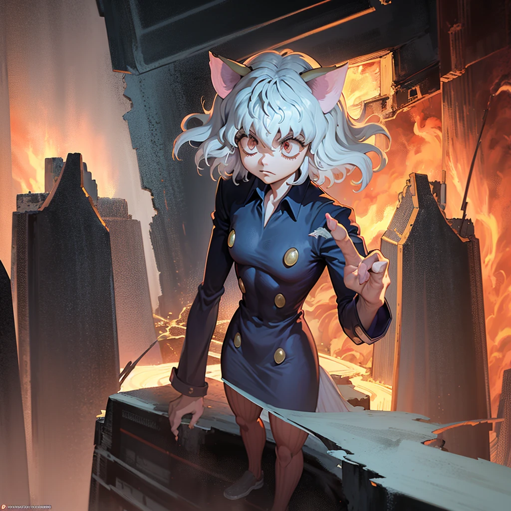 Image prompt structure High quality work, pixiv, concept art, Create visually stunning wall art featuring Neferpitou from the anime series Hunter x Hunter, showcasing her menacing presence as she stands amidst a desolate wasteland, her aura radiating power and danger, Digital Illustration, Realistic, add broken glass elements to the mix , Art Inspiration: Pixiv, Shots: Close-up, Render Related Information: Use dramatic lighting to highlight Neferpitou's sharp features and intense gaze, the composition should be lively and full of energy, capturing a dynamic moment. Combine cut or torn elements to add visual interest. For optimal visual quality, apply RTX features with specifications: 9:16 aspect ratio, and a bright color palette of 5 shades.