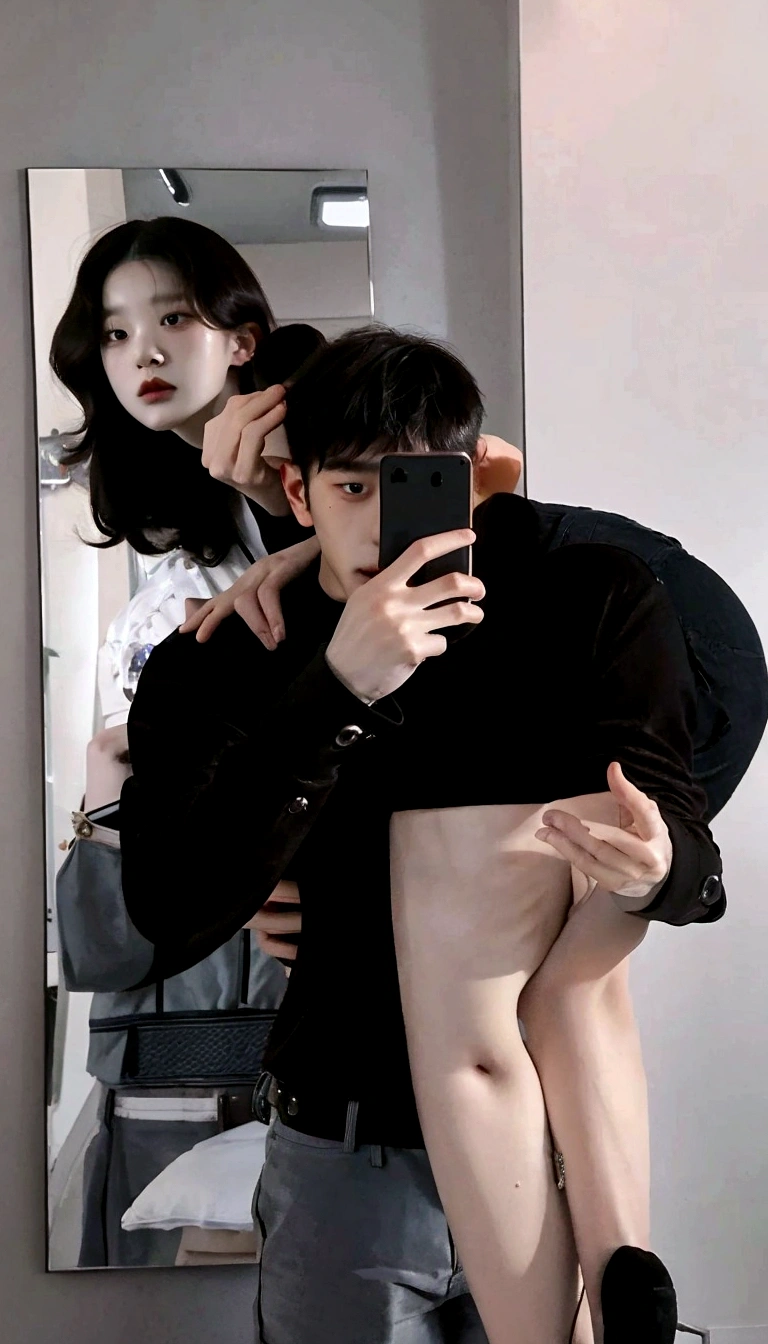 there is a man and woman that are taking a selfie, couple pose, cursed photography, mirror selfie, in love selfie, distorted pose, roberto ferri and ruan jia, with a mirror, taejune kim, real life size, ulzzang, steven klein, Wonyoung ive ultrahd 4k Hiperrealista 