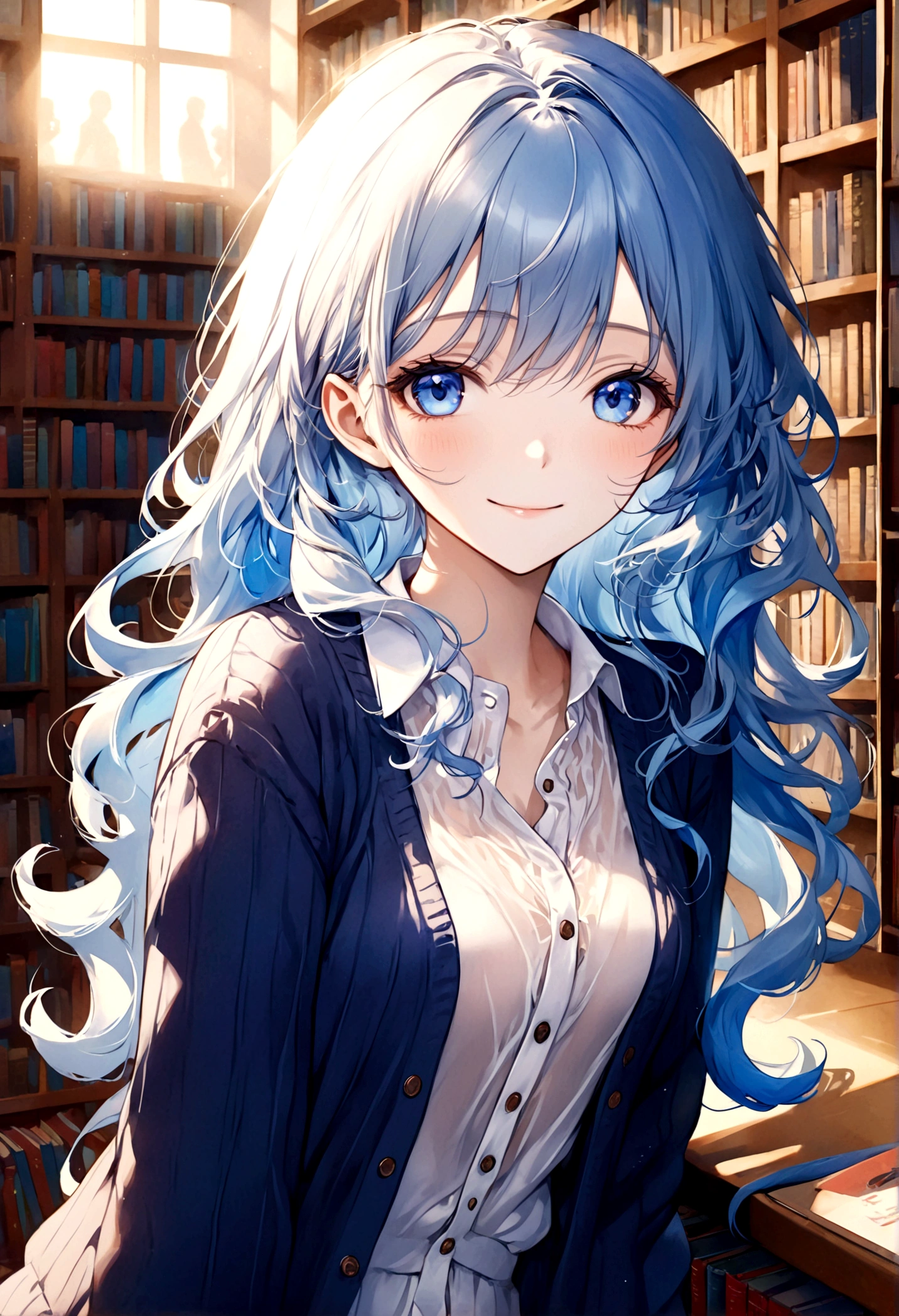 ((top-quality)), ((​masterpiece)), ((ultra-detailliert)), (extremely delicate and beautiful), beautiful woman, bright light blue hair, long wavy hair, sapphire blue eyes, cozy cardigan, sheer white shirt under cardigan, sweet smile, fair complexion, library background