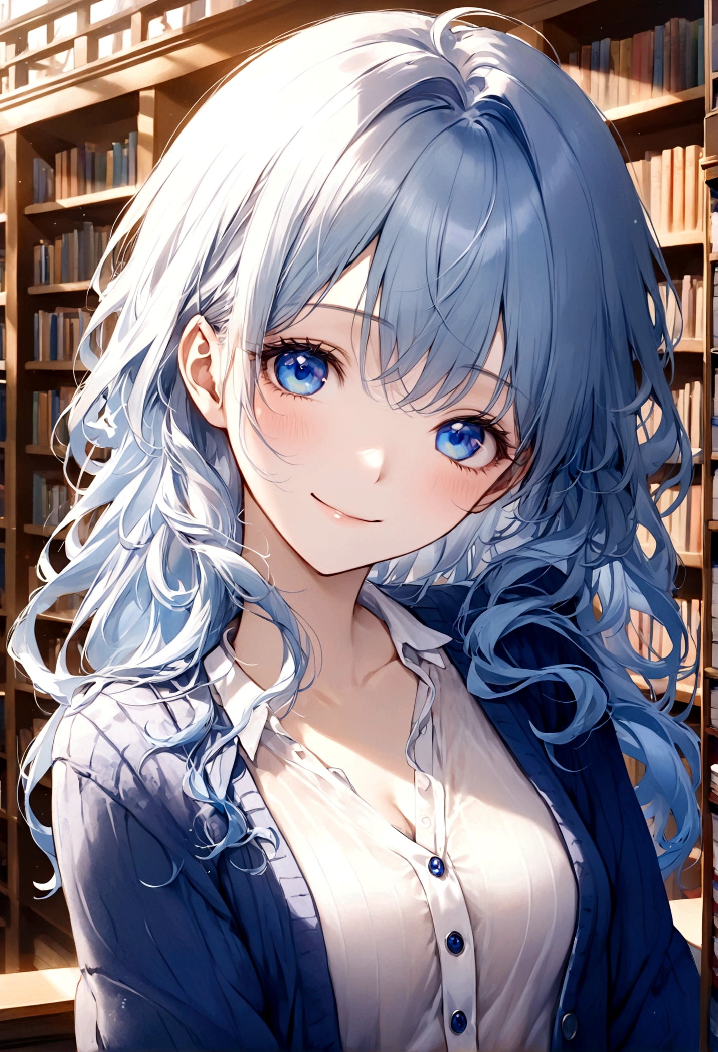 ((top-quality)), ((masterpiece)), ((ultra-detailliert)), (extremely delicate and beautiful), beautiful woman, bright light blue hair, long wavy hair, sapphire blue eyes, cozy cardigan, sheer white shirt under cardigan, sweet smile, fair complexion, library background