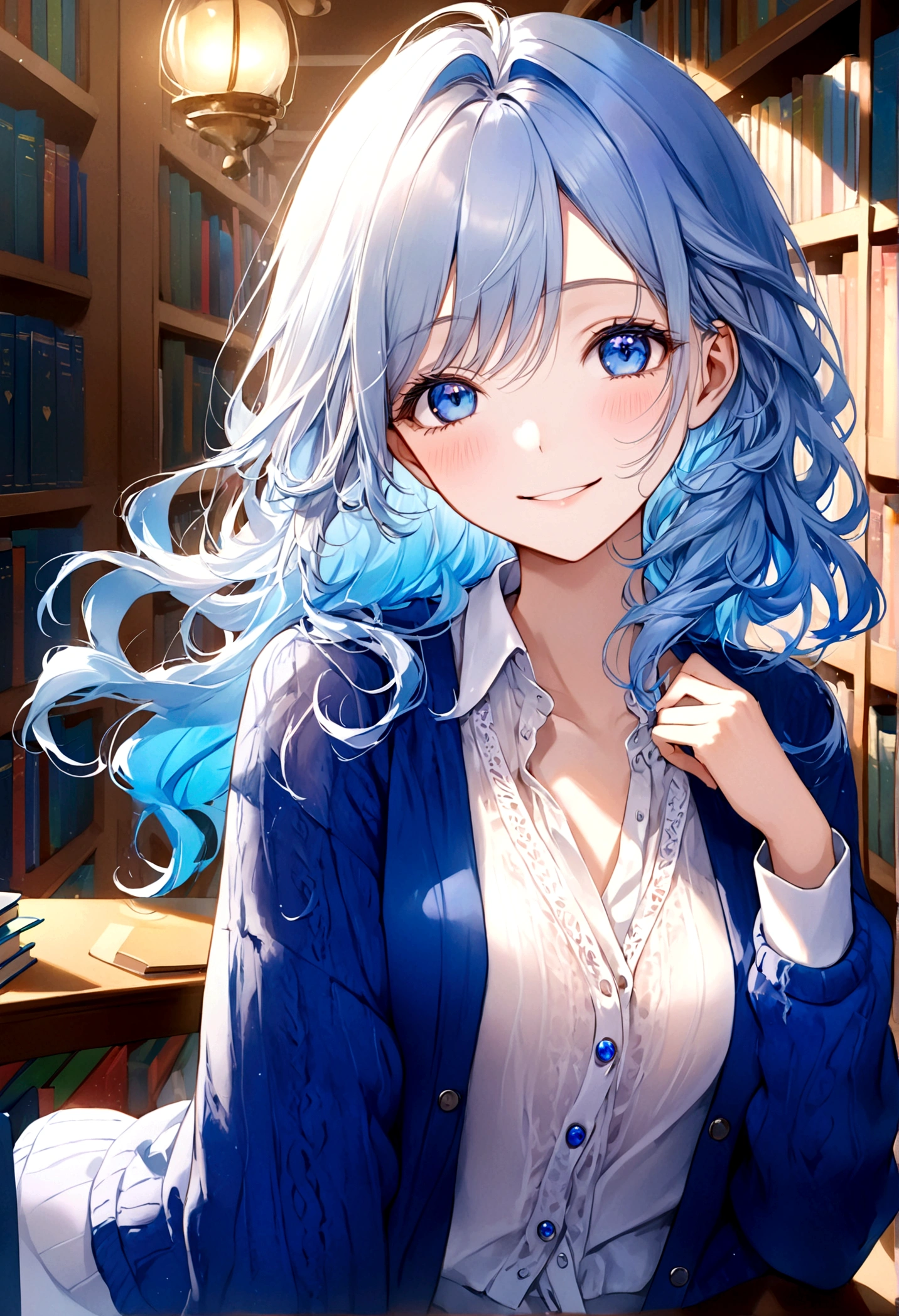 ((top-quality)), ((​masterpiece)), ((ultra-detailliert)), (extremely delicate and beautiful), beautiful woman, bright light blue hair, long wavy hair, sapphire blue eyes, cozy cardigan, sheer white shirt under cardigan, sweet smile, fair complexion, library background