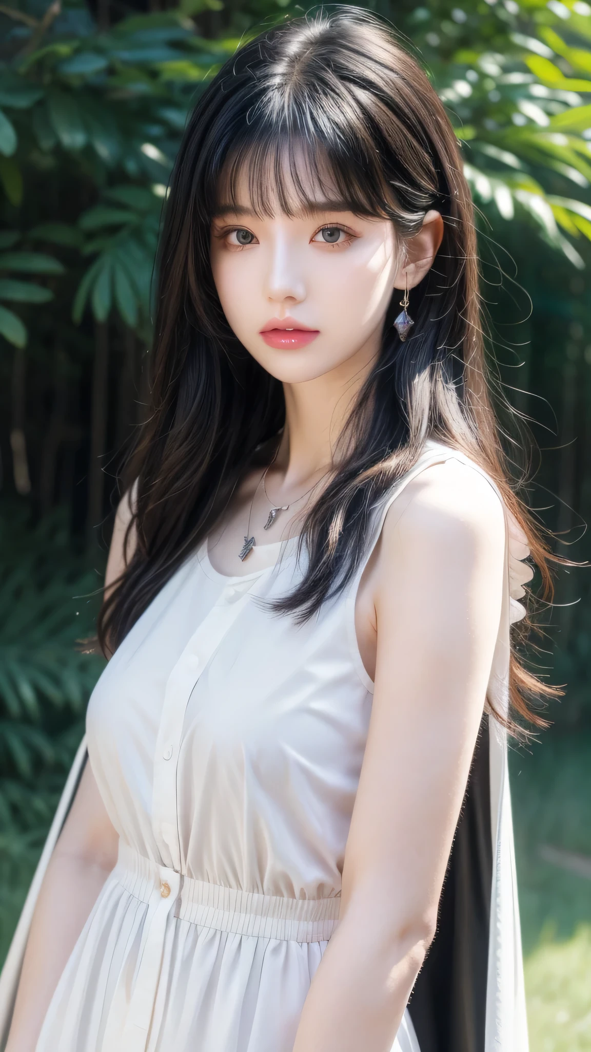 mj3d style,3dmm,3d,(masterpiece, best quality:1.1), Ghibli style, mulberry (Ghost Princess), 1 Girl, armband, Bangs, Black Hair, black undershirt, breast, cape, ring, 耳ring, Face painting, Flowing hair, forest, fur cape, Green Eyes, Jewelry, Looking at the audience, medium breast, nature, necklace, outdoor, parted Bangs, shirt, short hair, sleeveless, sleeveless shirt, Solitary, tooth necklace, Tree, Upper Body, white shirt