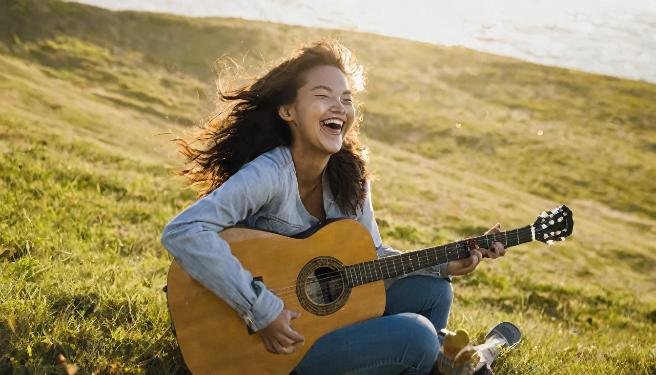 Image of a girl laughing on a hill while playing the guitar