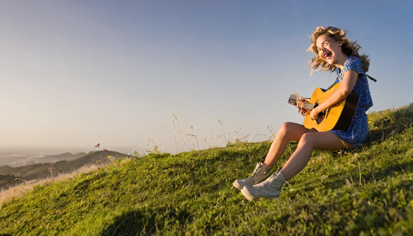 Image of a girl laughing on a hill while playing the guitar