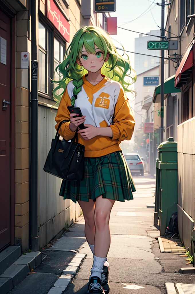 Girl with voluminous hair, emerald green hair and orange inner color, wavy hair, gradient hair, green hair, pink inner color, side braids, wavy hair, two side up, cloud hair, emerald green eyes , high school girl, lively and active, blonde clip, loose socks, plaid skirt, holding a smartphone, on the street, (best) quality, 4K, 8K, high resolution, masterpiece: 1.2), ultra-definition, bright colors, soft lighting