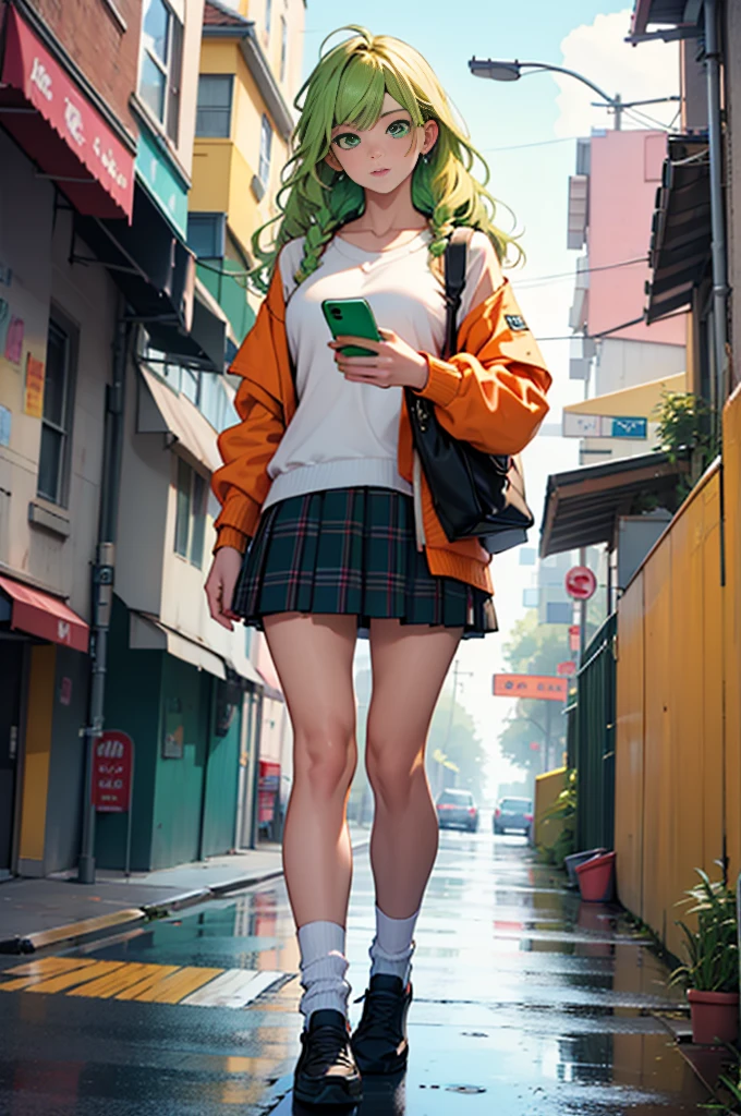 Girl with voluminous hair, emerald green hair and orange inner color, wavy hair, gradient hair, green hair, pink inner color, side braids, wavy hair, two side up, cloud hair, emerald green eyes , high school girl, lively and active, blonde clip, loose socks, plaid skirt, holding a smartphone, on the street, (best) quality, 4K, 8K, high resolution, masterpiece: 1.2), ultra-definition, bright colors, soft lighting