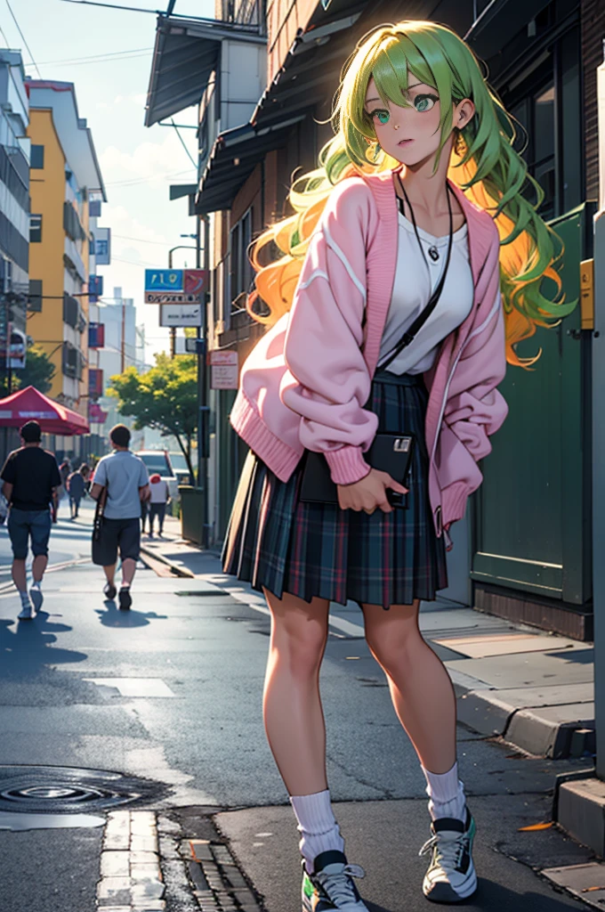 Girl with voluminous hair, emerald green hair and orange inner color, wavy hair, gradient hair, green hair, pink inner color, side braids, wavy hair, two side up, cloud hair, emerald green eyes , high school girl, lively and active, blonde clip, loose socks, plaid skirt, holding a smartphone, on the street, (best) quality, 4K, 8K, high resolution, masterpiece: 1.2), ultra-definition, bright colors, soft lighting