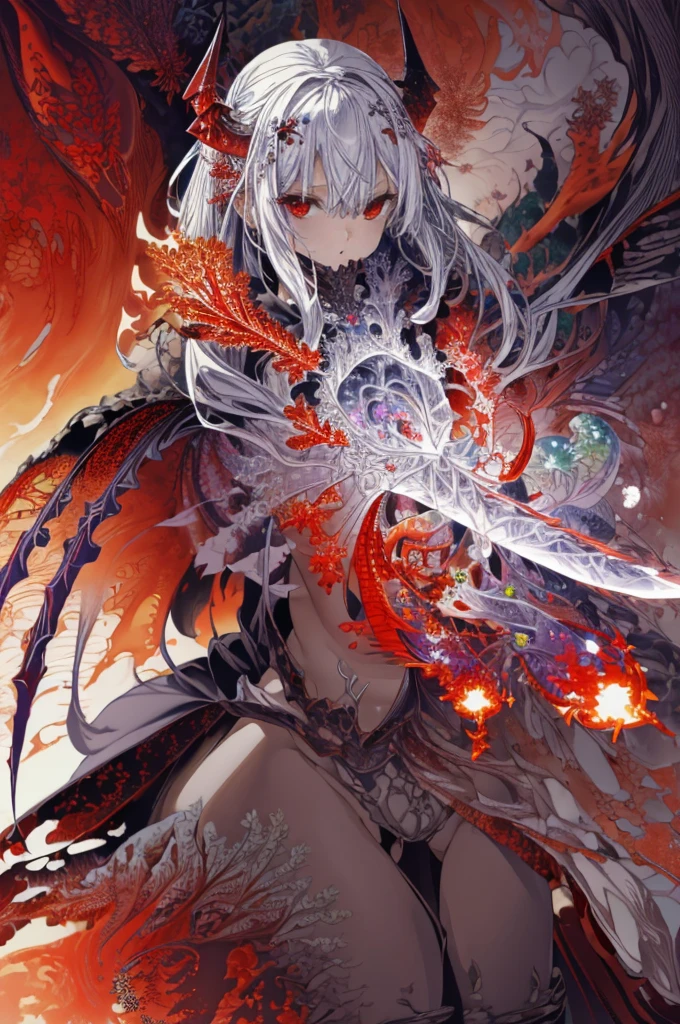 (Tabletop, Absurd quality, Highest quality, Official Art, beautifully、aesthetic: 1.2), (One Woman: 1.4), Very detailed, (Fractal Art: 1.3), colorful, Most detailed, Holding the Female Demon Sword, (Positive::1.3), Action Painting Style, Dark grey and red, Andrzej Arrangements, anime, Dark and chaotic, Ultra-detailed illustrations, Wandering eyes