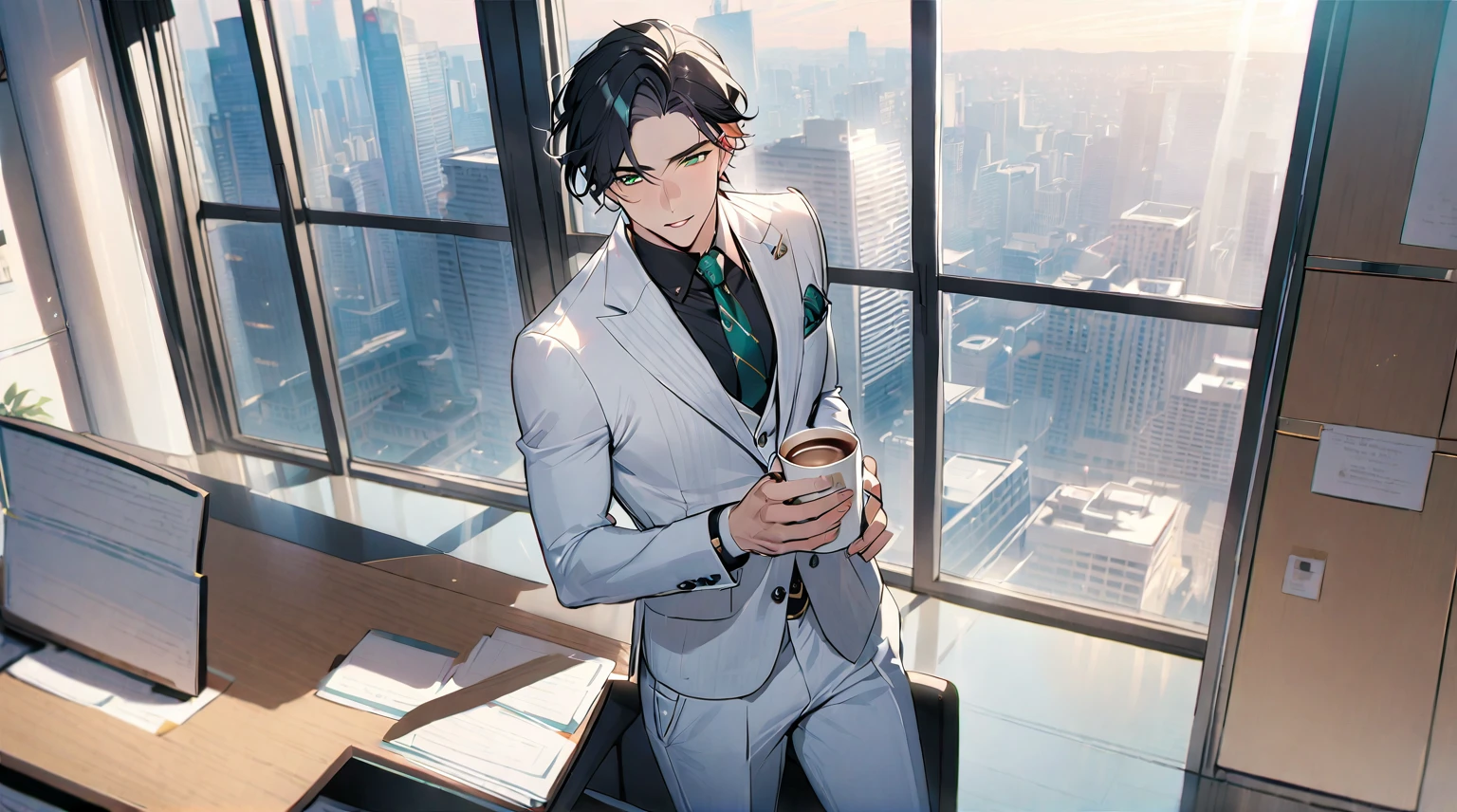 1 male, 25 years old British male, decisive, graceful, tattooed, emerald green eyes, black hair, white suit, black shirt, tie, British gentleman, white pants, office president, perfect body
Standing, holding a cup of coffee in his hand
((best quality)), ((masterpiece)), (detailed), office, president's office, floor-to-ceiling windows, top-down view scene,