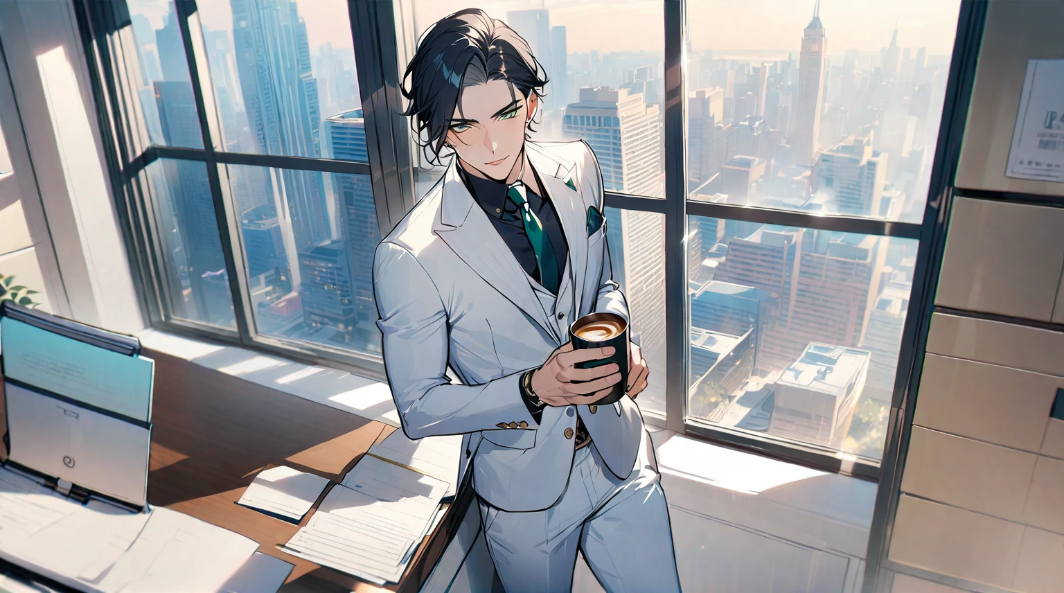 1 male, 25 years old British male, decisive, graceful, tattooed, emerald green eyes, black hair, white suit, black shirt, tie, British gentleman, white pants, office president, perfect body
Standing, holding a cup of coffee in his hand
((best quality)), ((masterpiece)), (detailed), office, president's office, floor-to-ceiling windows, top-down view scene,