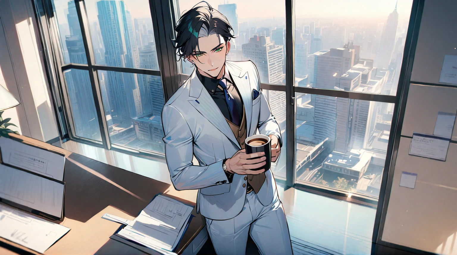 1 male, 25 years old British male, decisive, graceful, tattooed, emerald green eyes, black hair, white suit, black shirt, tie, British gentleman, white pants, office president, perfect body
Standing, holding a cup of coffee in his hand
((best quality)), ((masterpiece)), (detailed), office, president's office, floor-to-ceiling windows, top-down view scene,