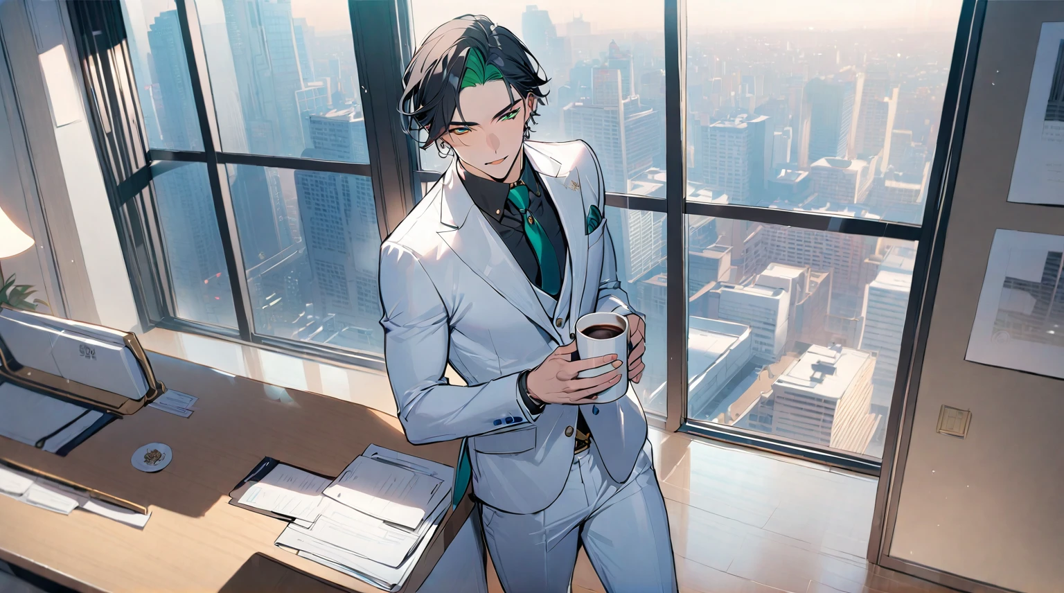 1 male, 25 years old British male, decisive, graceful, tattooed, emerald green eyes, black hair, white suit, black shirt, tie, British gentleman, white pants, office president, perfect body
Standing, holding a cup of coffee in his hand
((best quality)), ((masterpiece)), (detailed), office, president's office, floor-to-ceiling windows, top-down view scene,