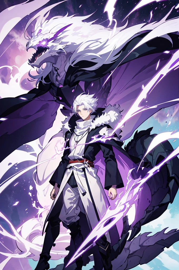 25 years old anime man with white hair, Wearing a read cloak, Standing in front of a dragon, With one hand in his pocket, And purple aura in a form of smoke emerging out of his body 