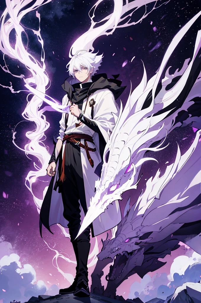 25 years old anime man with white hair, Wearing a Red cloak, Standing in front of a dragon, With one hand in his pocket, And purple aura in a form of smoke emerging out of his body
