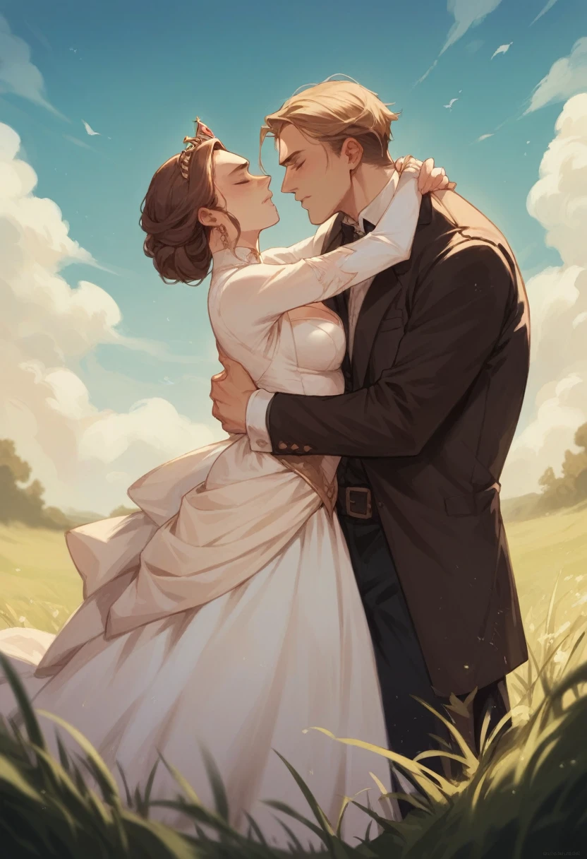 Queen Catherine the Great, in elegant clothes, was involved in a struggle with a man, embracing each other in the warmth of lust on dry grass, in the peak atmosphere of lovemaking,