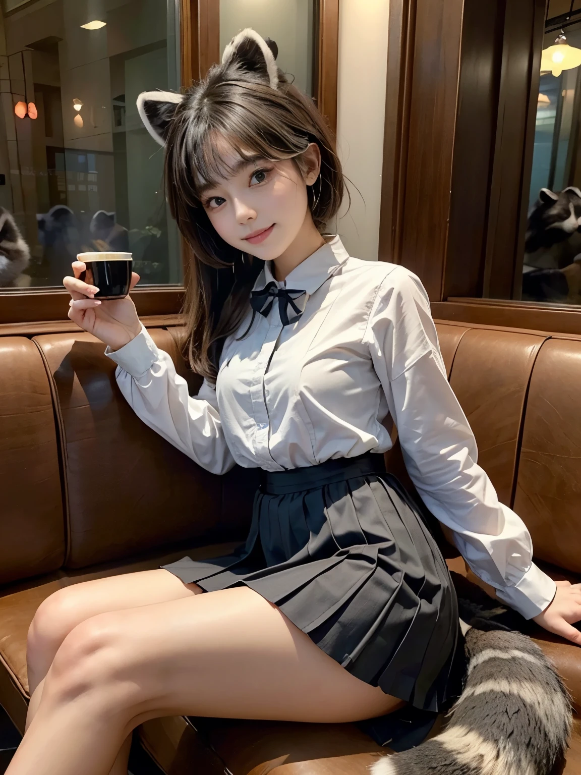 ((Highest quality, 32k)), ((masterpiece)), (Familiar), Perfect Face, pretty girl, She is sitting on the terrace of a cafe in the city., She is relaxing and drinking tea, She has a bushy tail on her butt, She has a fluffy tail, Beautiful hip line, Small breasts, She is wearing a neat blouse and pleated skirt., A bushy tail is visible from under her skirt,, Slender body, Her tail sticks out from under her skirt, (A single raccoon tail protrudes from the inside of her skirt.:1.4), The base of her tail is hidden under her skirt., She holds her tail up in her hand