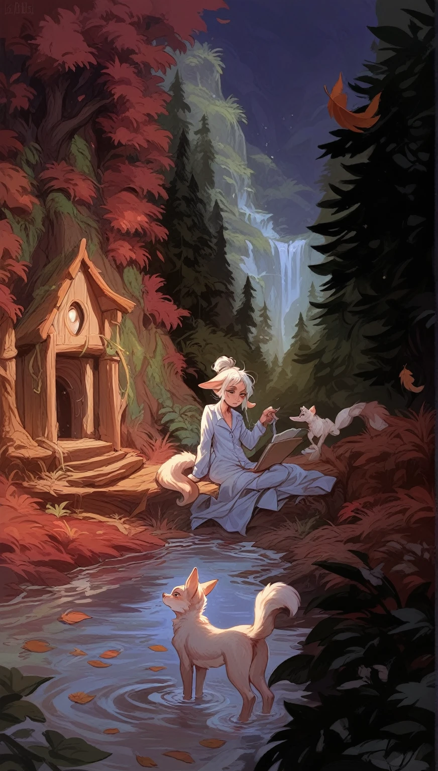 A professional high-quality photo, in 4K resolution, captures in realistic detail a charming girl in a fluffy white pajama with ears and foxtail. She is sitting in the middle of an enchanted forest, where every element is portrayed to perfection. The textures of the pajamas, ears and tail are sharp and palpable. Sunlight falls on the leaves and gently illuminates the girl's face, highlighting each delicate and charming expression  