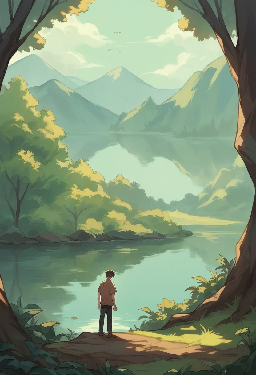 (masterpiece:1.4), (Highest quality:1.2), miyabi, a man,Sad look、butterfly々is flying、lake、in the forest、I will always remember