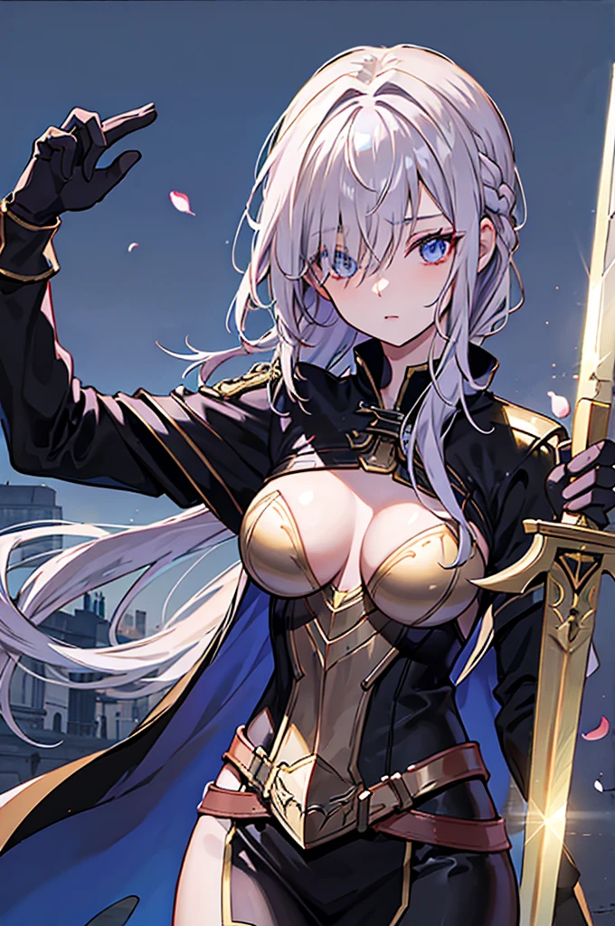 Dark Paladin,beautiful breasts,Hair Color is gold,hair style is sideponytali, hair over one eye,high Quality,best quality,holding sword