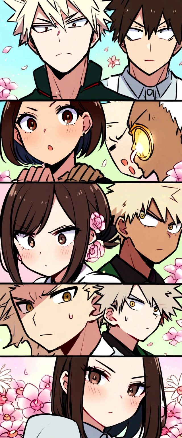 My hero academia UA classroom,Junto and Kaksuki Bakugo and Eijiro Kirishima. Beautiful woman with big brown eyes and dark hair, with light skin and strong expression. With a way with flowers