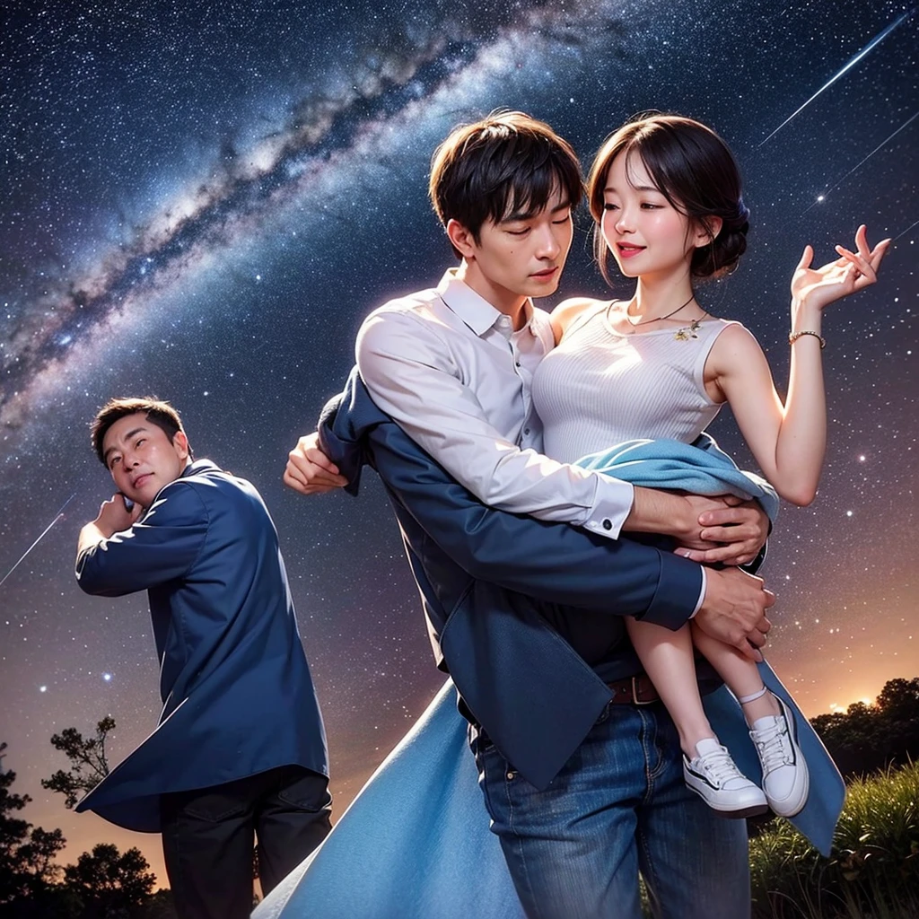 
Mom and Dad looking up at the night sky。Countless stars shine in the night sky、Among them, a shooting star falls towards the earth.。Among the shooting stars、A little star  is smiling。Mom and Dad look up at the sight with expressions of joy and amazement.。
