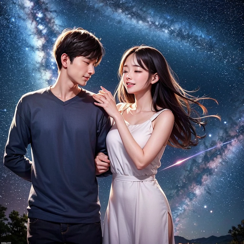Mom and Dad looking up at the night sky。Countless stars shine in the night sky、Among them, a shooting star falls towards the earth.。Among the shooting stars、A little star is smiling。Mom and Dad look up at the sight with expressions of joy and amazement.。
