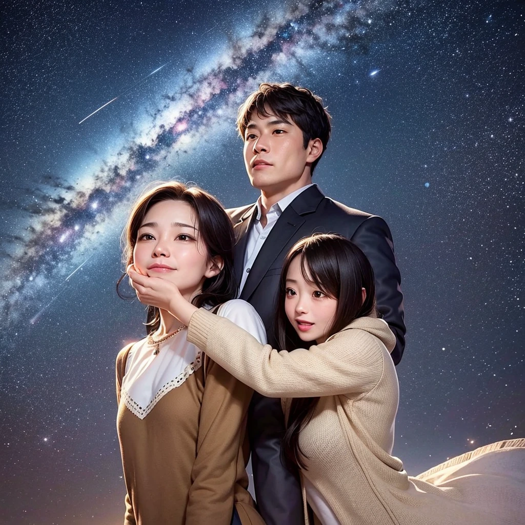 Mom and Dad looking up at the night sky。Countless stars shine in the night sky、Among them, a shooting star falls towards the earth.。Among the shooting stars、A little star is smiling。Mom and Dad look up at the sight with expressions of joy and amazement.。
