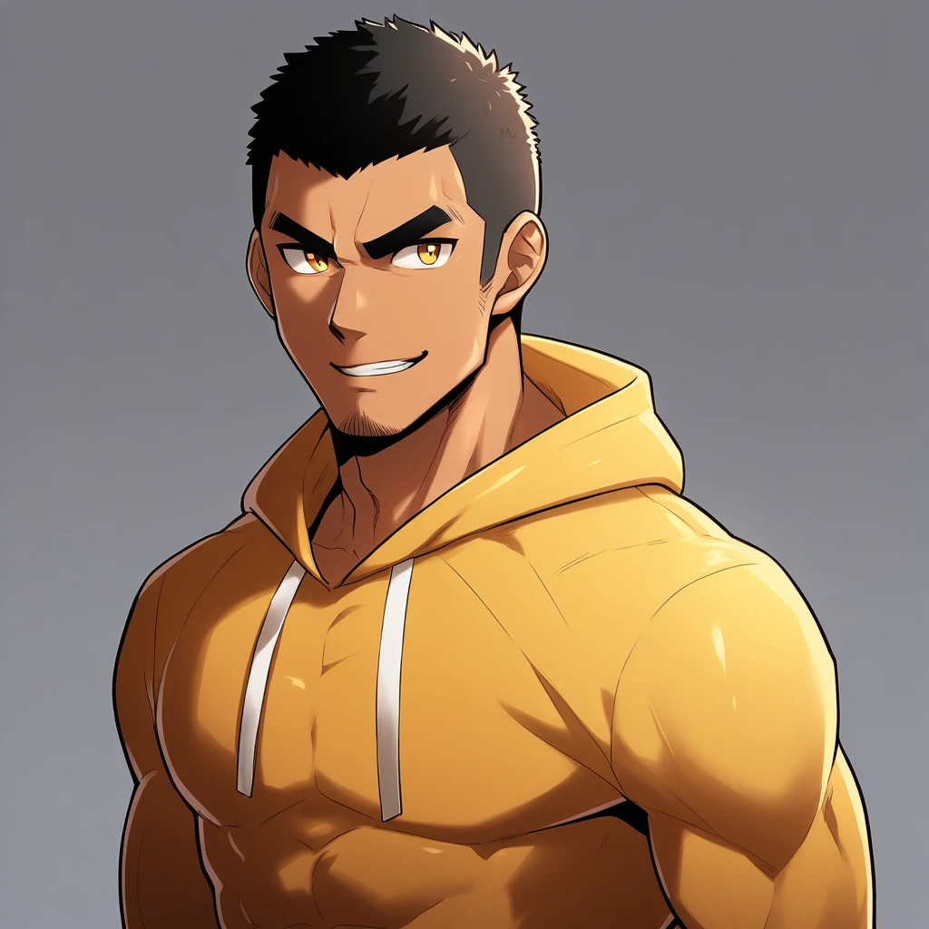 anime characters:Gyee, Young Muscle Sports Teacher, ????? black skin, Buzz Cut, Manliness, male focus, Dark red long-sleeved hooded sweatshirt, Very tight, muscular male, muscular, only, Upper body, alone, Black short hair, Thick eyebrows, stubble, Yellow eyes, Grey background, simple background, amazing quality, best aesthetics, Ridiculous, bright pupils, crew cut, parted lips, seductive smile, torogao, naughty face, best quality