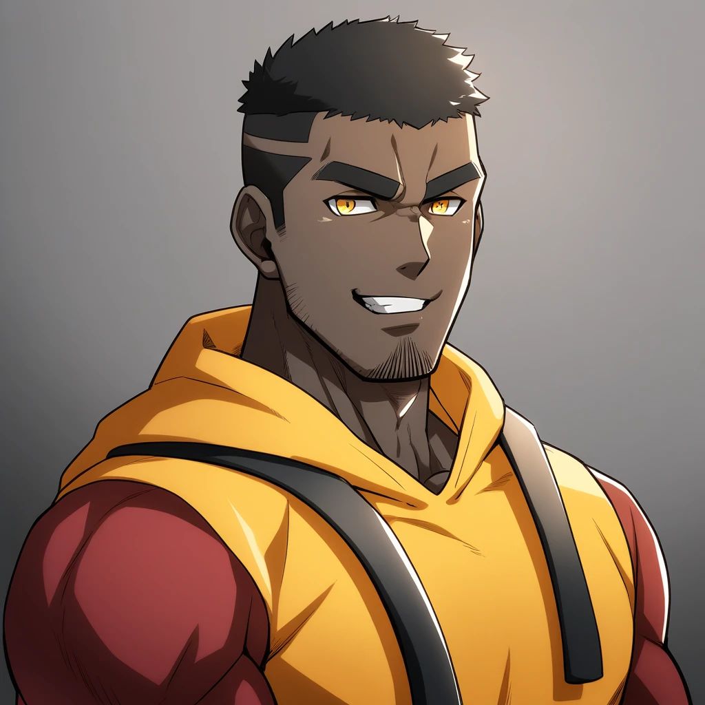 anime characters：Gyee, Young Muscle Sports Teacher, negro black skin, Buzz Cut, Manliness, male focus, Dark red long-sleeved hooded sweatshirt, Very tight, muscular male, muscular, only, Upper body, alone, Black short hair, Thick eyebrows, stubble, Yellow eyes, Grey background, simple background, amazing quality, best aesthetics, Ridiculous, bright pupils, crew cut, parted lips, seductive smile, torogao, naughty face, best quality