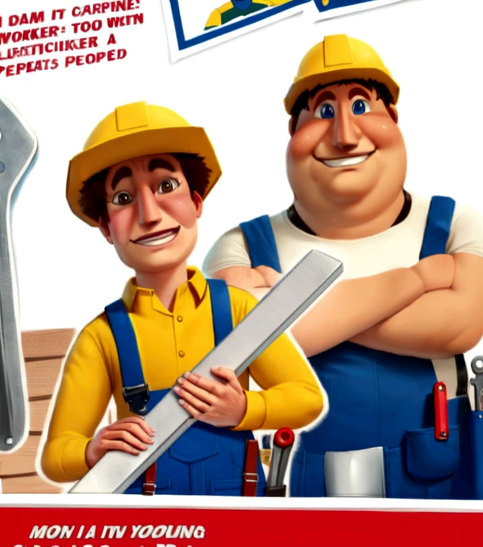 Close up of cartoon character holding wrench, , Worker, Arcimboldo, Wearing plumber, Propaganda Art, Damn it, Chad, a carpenter, Higher than people, tool, Very explicit, Yoshita,young people,Age 25 years,The face shape is relatively round,Fat