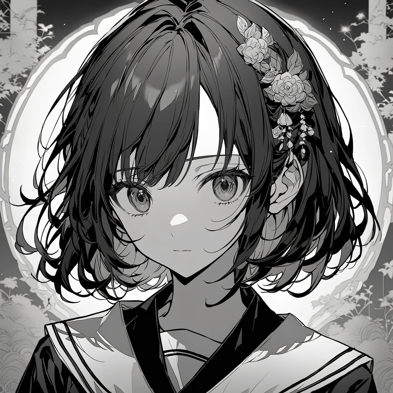 JK Girl,Beautiful anime portrait,Black monochrome,Oriental Wallpaper,Gray-black,Feeling,very anime style,Sailor Suit,Half Body,Soft Light,Rich in details,The expression is firm,Kimono decoration,Background blur,Vivid colors,情Feeling深沉,front