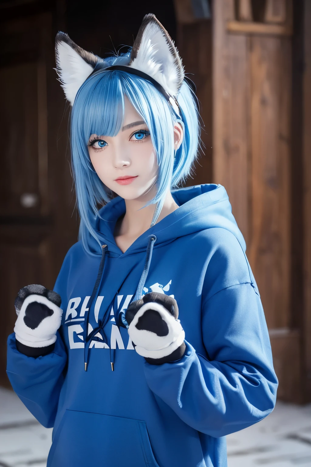 ((Highest quality)), ((masterpiece)), (detailed), Fantasy, Wolf ears and a wolf tail, Blue eyes and blue hair, Gloves with paw prints, hoodie