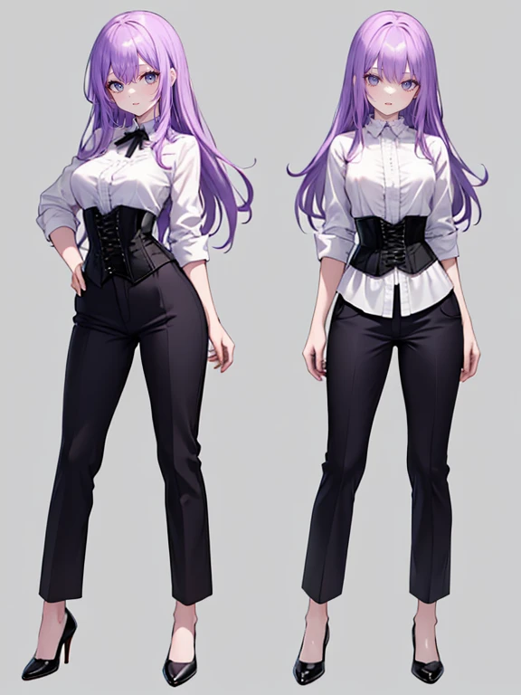 purple,long hair,woman,Shirt with rolled up sleeves,(corset),pants,high heels,,simple background,smile,whole body,full body,full body,Standing picture,vtuber,upright,,Standing upright with face and body facing forward,