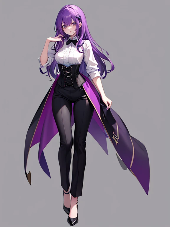 purple,long hair,woman,Shirt with rolled up sleeves,(corset),pants,high heels,,simple background,smile,whole body,full body,full body,Standing picture,vtuber,upright,,Standing upright with face and body facing forward,