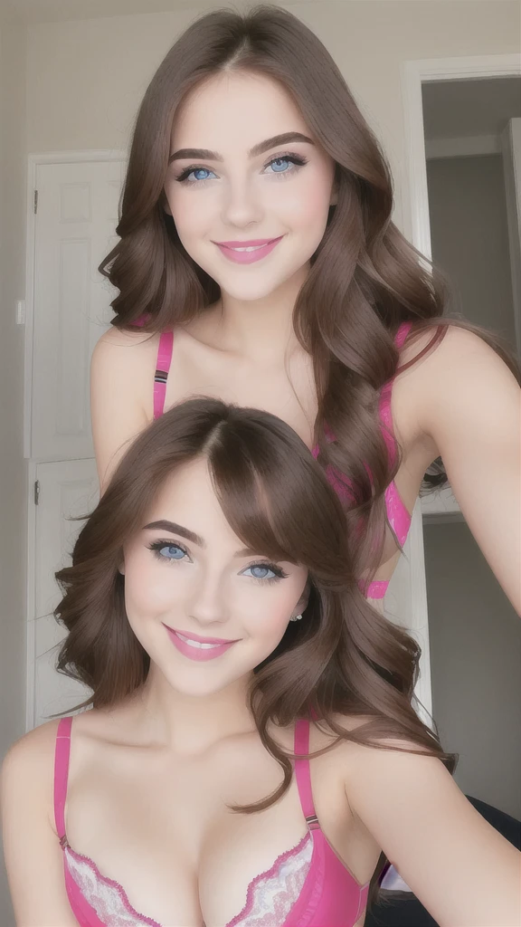Beautiful girl. Cuty smile. Blue eye. Pink lips. sweety face. Brown hair, Standind with sexy post, red bra