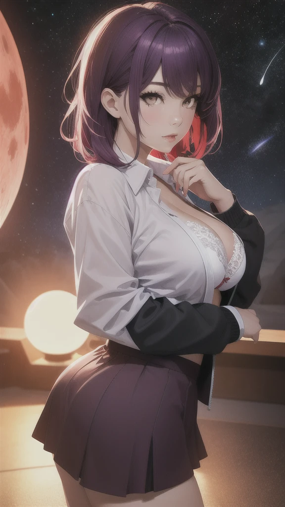 1girl, beautiful face, ((white eyes)), sexy pose, Red moon in the background, stars, space, (lightroom:1.13), soft light, (natural skin texture:1.2), (Hyperrealism:1.2), sharp focus, focused,[[realistic]]Front open shirt、Jacket、G-cup bust、Reddish-purple hair、Purple bra、skirt、Glamorous figure、Big Ass、Side view、Panty shot、
