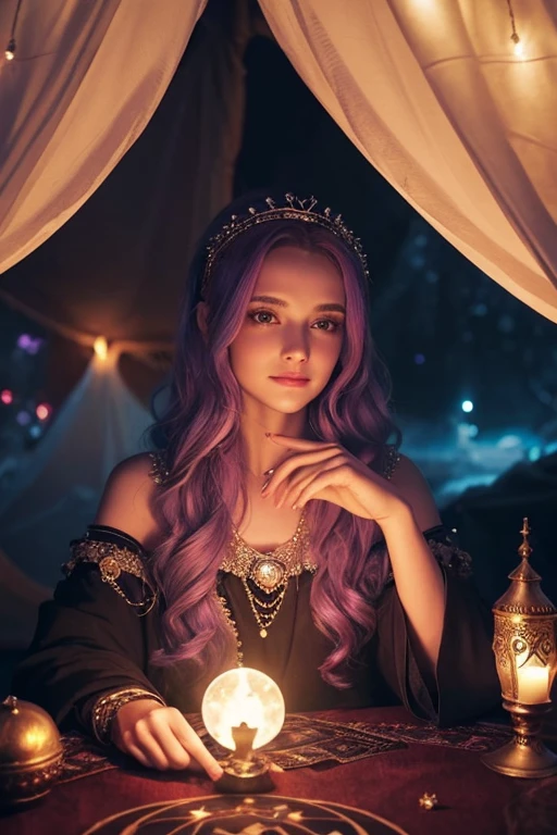 Beautiful sparkling crystal ball,Watching the audience、Frontal face、(masterpiece, Highest quality, Highest quality, Official Art, beautifully、aesthetic:1.2), (One girl:1.3), Wavy long hair, Light purple hair, Very detailed, Portraiture, View your viewers, alone, (whole body:0.6), detailed background, close, Glowing Eyes, (Cold arctic winter theme:1.1), fortune teller, Charlatan, Grin, mysterious, Sitting at the table, colorful shoulderless loose gypsy fortune teller clothes, holy grail, Tarot Cards, Crystal Ball, Medieval (Inside the tent:1.1) background, tent curtains in background, dark mysterious lighting, Shadow, Magical atmosphere, Starry Night,, Dutch Angle