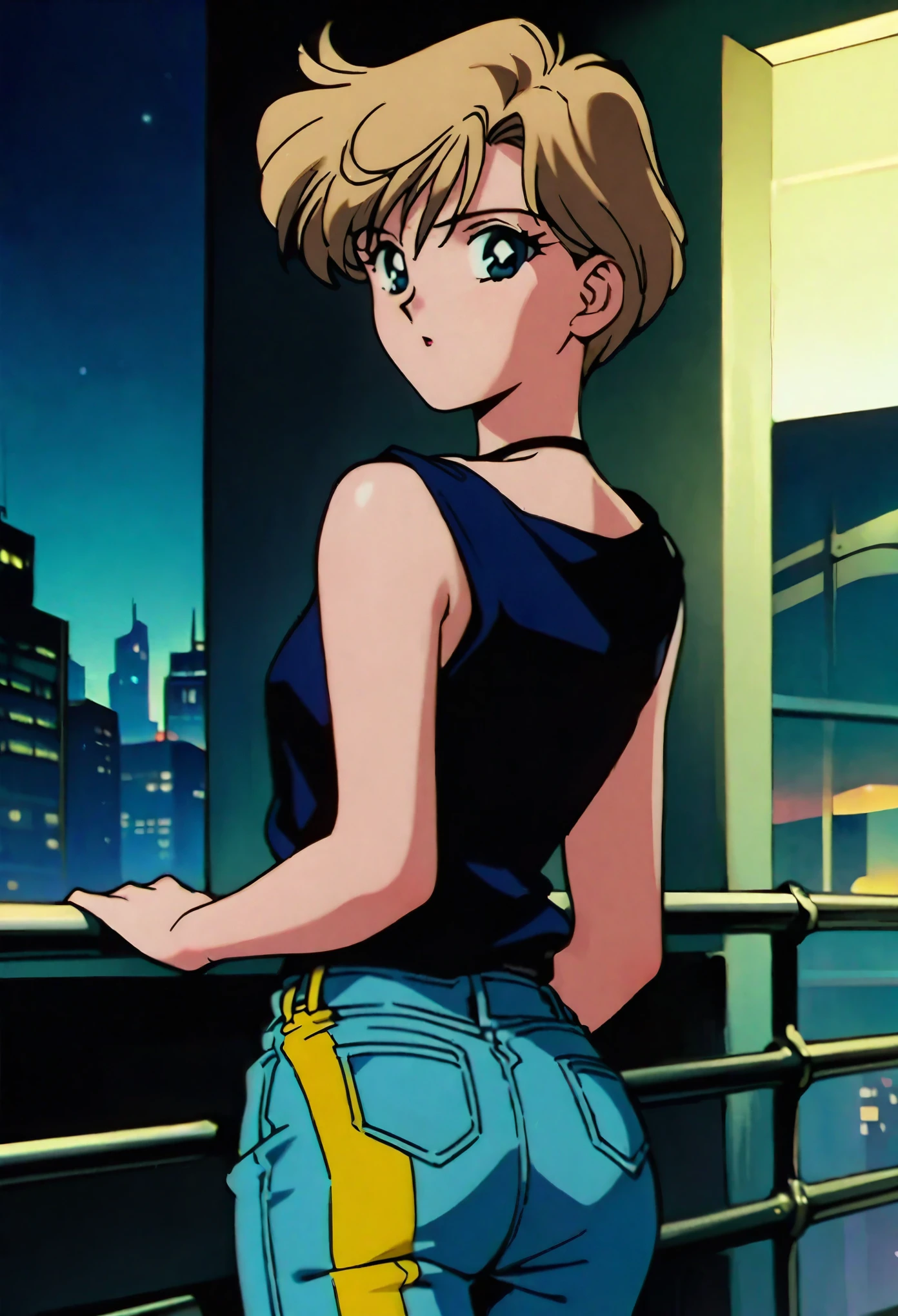 masterpiece,best quality,very aesthetic,absurdres,1990s \(style\),1girl,solo,Sailor Uranus XL,blue eyes,short hair,very short hair,blonde hair,shirt slip,jeans,pants,flat chest,cowboy shot,city lights,looking back,