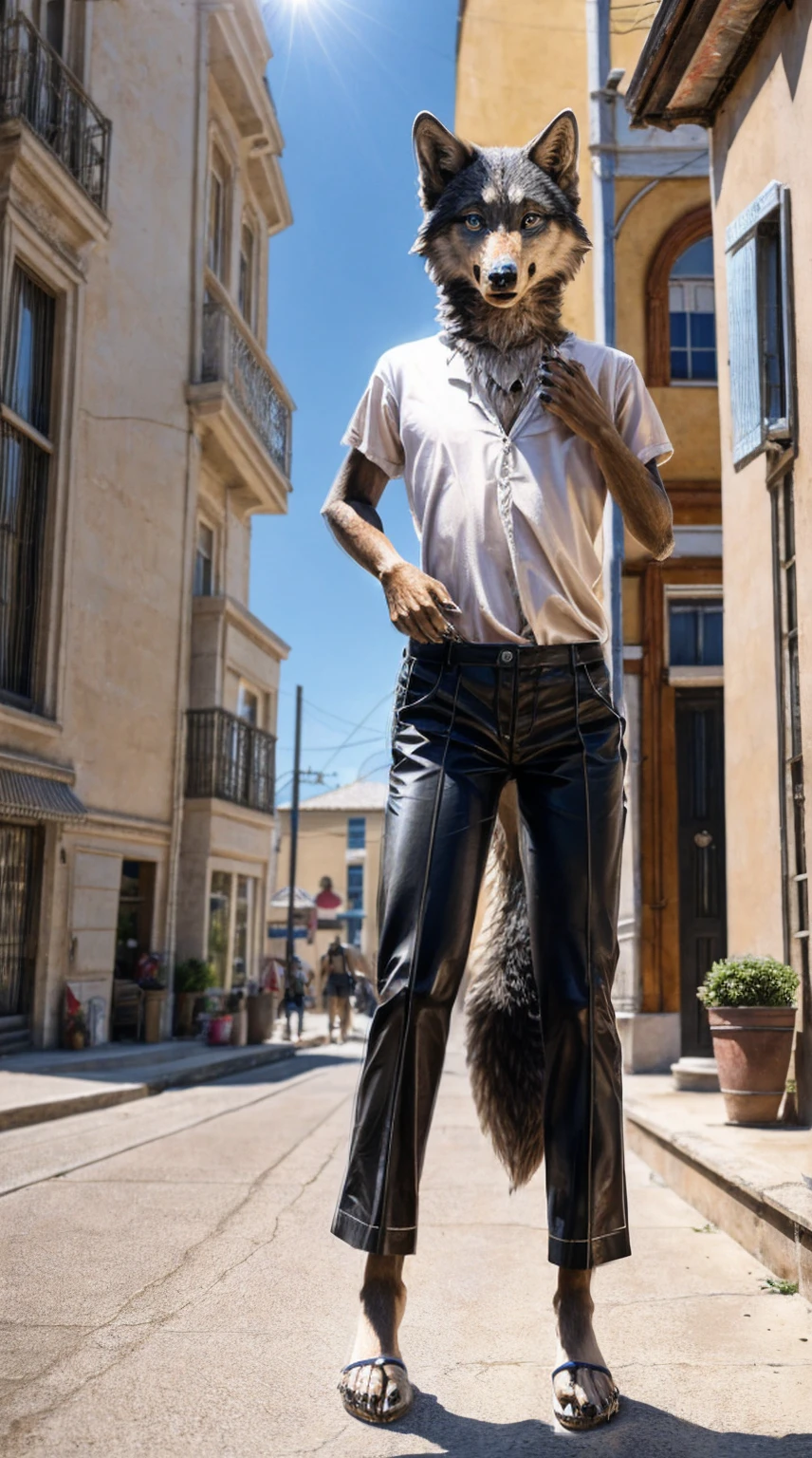 Standing on the extremely hot street，Wearing cotton clothes and trousers，Chest gemstones，Skinny girl（10 years old），Wolf，off white，Perfect fingers，Feet are clawed and wear black plastic sandals，Detailed and true，High Detail，high quality，High-resolution photos，Real and perfect eyes，Detailed paw，True and delicate skin，Claws，clear visual artwork，Five finger hand，Top quality，32k，Ultra high quality，Hot weather，Hot expression，real picture，Close-up of the paws