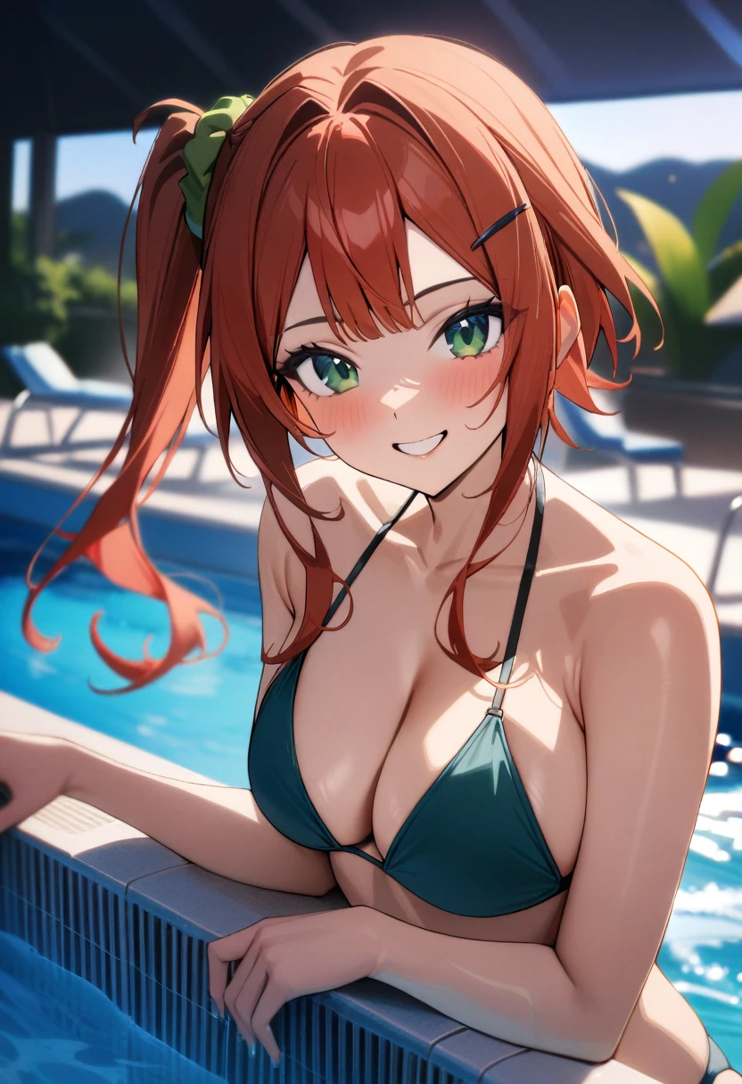 1girl, sakimiya iruka, dolphin wave, red hair, one side up, green scrunchie, hair ornament, green eyes, 
bikini, smile, 
pool, 
masterpiece, best quality, very aesthetic, newest, cinematic lighting, highres, absurdres, incredibly absurdres, 