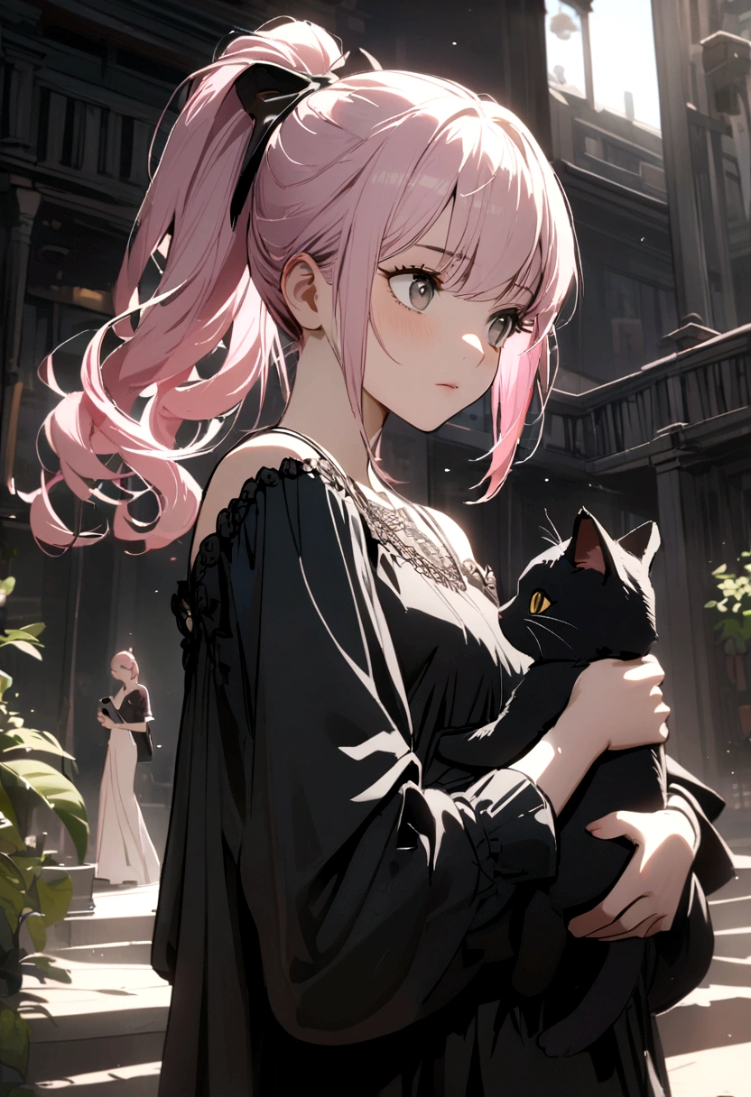 girl with light pink hair, high ponytail, yellow glasses, gray eyes, black shirt, off shoulder, holding a black stuffed cat, white phone