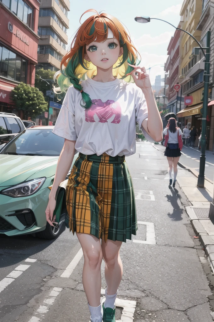 Girl with voluminous hair, emerald green hair and orange inner color, wavy hair, gradient hair, green hair, pink inner color, side braids, wavy hair, two side up, cloud hair, emerald green eyes , high school girl, lively and active, blonde clip, loose socks, plaid skirt, holding a smartphone, on the street, (best) quality, 4K, 8K, high resolution, masterpiece: 1.2), ultra-definition, bright colors, soft lighting