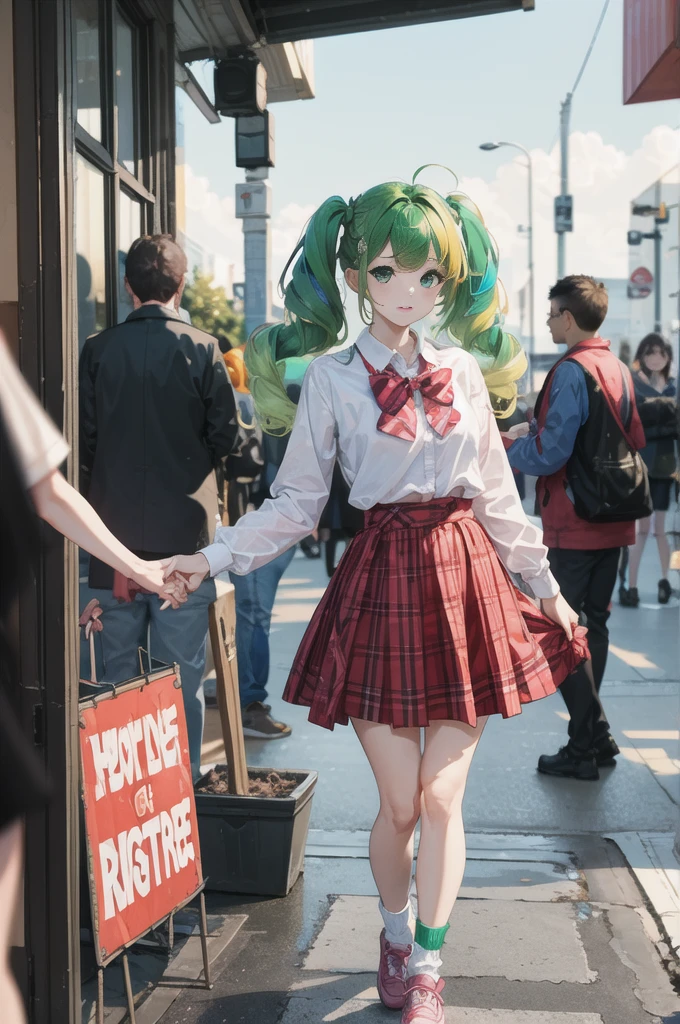 Girl with voluminous hair, emerald green hair and orange inner color, wavy hair, gradient hair, green hair, pink inner color, side braids, wavy hair, two side up, cloud hair, emerald green eyes , high school girl, lively and active, blonde clip, loose socks, plaid skirt, holding a smartphone, on the street, (best) quality, 4K, 8K, high resolution, masterpiece: 1.2), ultra-definition, bright colors, soft lighting