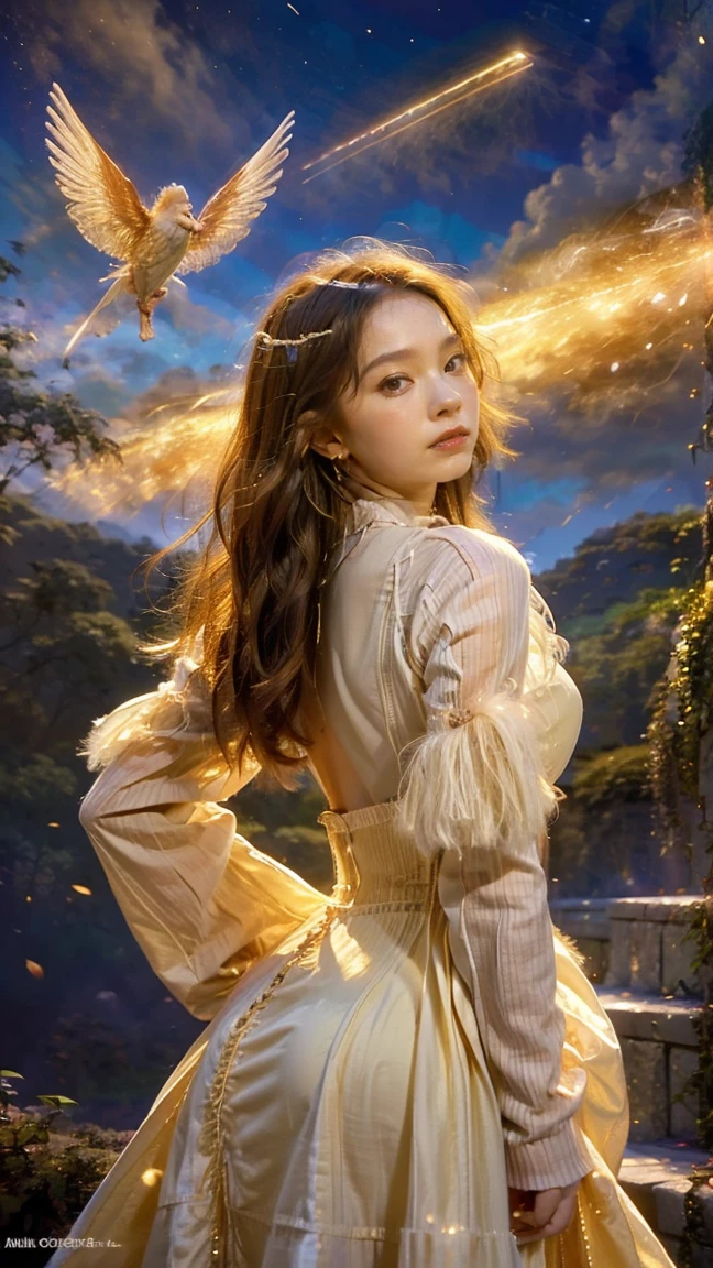 8K resolution, masterpiece, Highest quality, Award-winning works, unrealistic, From above, erotic, sole sexy lady, healthy shaped body, Anatomically accurate skeleton, 22 years old, black mage, 170cm tall, huge firm bouncing busts,, white silver long wavy hair, Detailed facial depictions, BREAK, Mysterious blue eyes, Standard nose, Eyeliner, pink lips, sexy long legs, Transparent and shiny skin, holy knight, Gothic ruffle long dress, A dress with a complex structure, Seven-colored colorful dress, Clothed in flames, royal coat of arms, elegant, Very detailed, Delicate depiction of hair, miniature painting, Digital Painting, artstation concept art, Smooth, Sharp focus, shape, Art Jam、Greg Rutkowski、Alphonse Mucha's、William Adolphe Bouguereau、art:Stephanie Law , Royal Jewel, nature, Symmetric, Greg Rutkowski, Charlie Bowwater, Unreal, surreal, Dynamic Lighting, Fantasy art, Complex colors, Buddhist Mandala, Colorful magic circle, flash, dynamic sexy poses, A kind smile, Mysterious Background, Aura, A gentle gaze, BREAK, Small faint lights and flying fireflies, night, lanthanum, From above, looking down on the world below, Starry Sky, milky way, nebula, shooting star, Flowers, birds, wind and moon, (Back view, Looking back towards the camera:1.3), chant healing magic, A pillar of light stretching to the sky, Laser beam, Climb the stairs to heaven